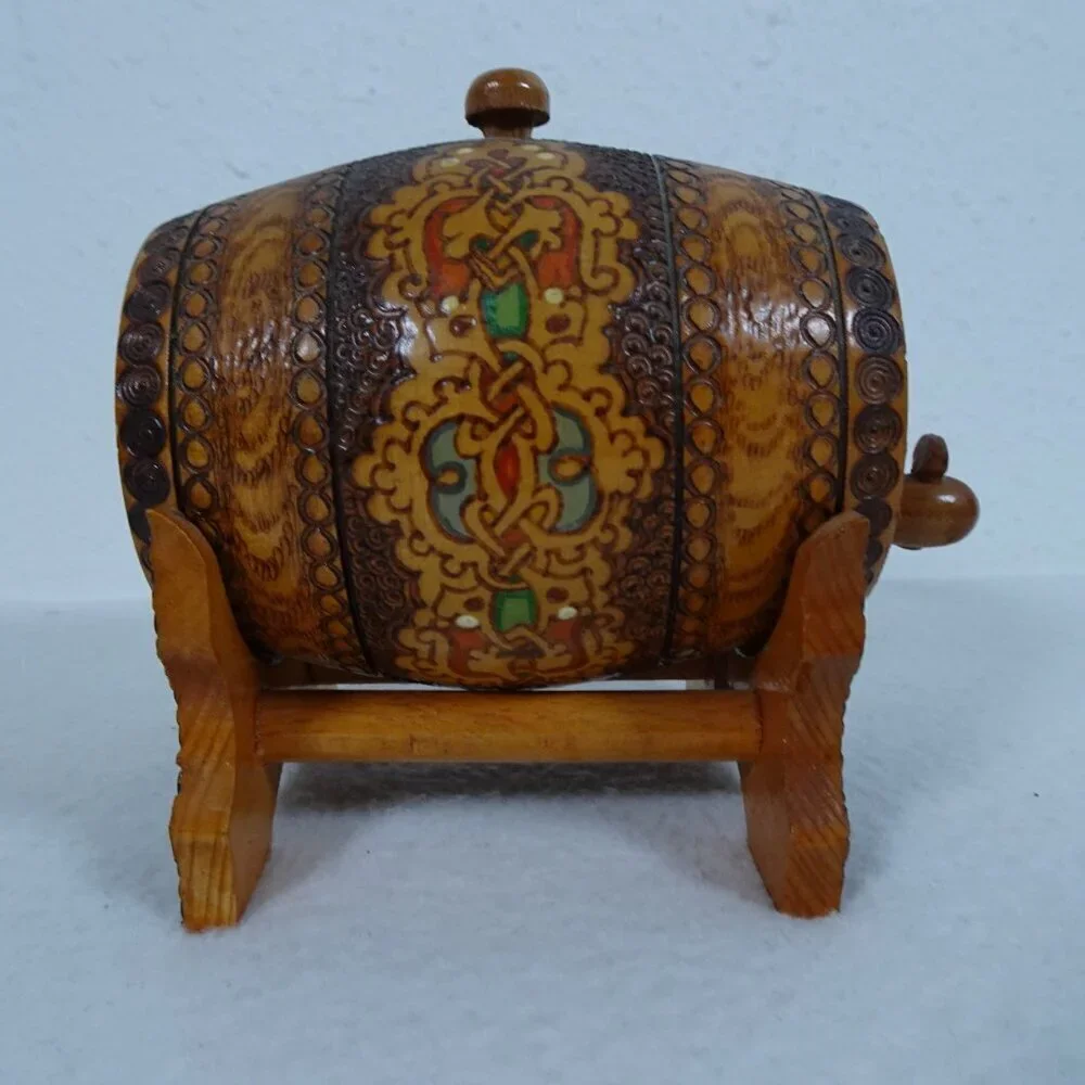 Vintage Wood Miniature Keg Decorative Handmade Beer Barrel & Stand Painted 70s